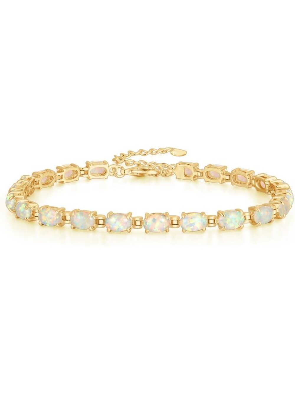 Stunning Opal Tennis Bracelet - 14K White Gold Plated, Adjustable Oval Gemstone